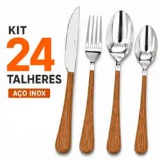 24 Talheres Cabo Bambu Inox Resistente Jogo Talheres Cozinha