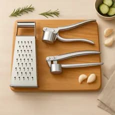 Kit 3 Peças de Inox Aço: 2 Espremedores de alho e 1 Ralador