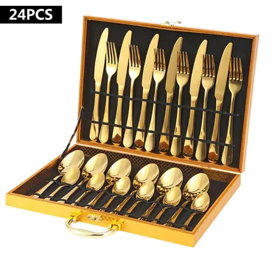 Kit Faqueiro Talheres Com Maleta 24 Peças Em Inox C/ Dourado