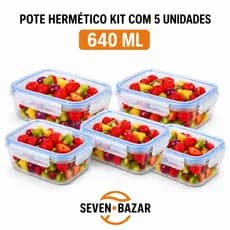 Kit 5 Potes de Vidro Borossilicato 640ml Hermético Retangular 4 Travas Marmita Microondas