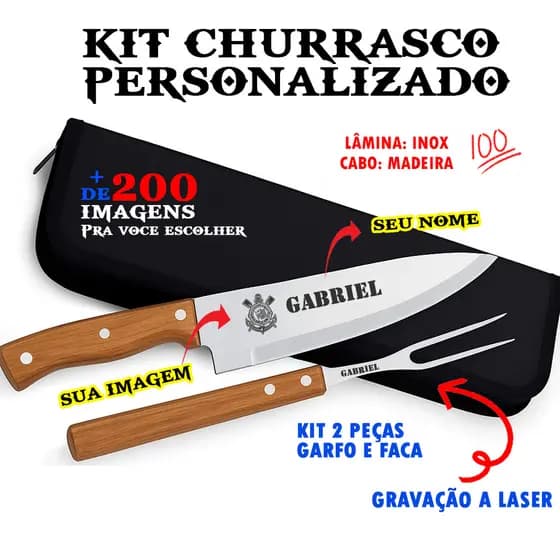 Kit Churrasco Personalizado Gravação Laser Faca Garfo Estojo Nome Time Presente Homem Dia dos Pais