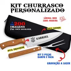Kit Churrasco Personalizado Gravação Laser Faca Garfo Estojo Nome Time Presente Homem Dia dos Pais