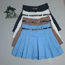 Short Saia Feminina Plissado Alfaiataria Acompanha o Cinto Short Por Baixo Moda Verão