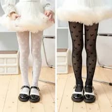 Meia Calça Arrastão com Coração Infantil Super Estilosa para Festas Presente Perfeito Preto/Branco
