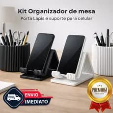 Kit Organizador de Mesa Porta Lápis + Suporte Celular Minimalista Estiloso Home Office Escritório 3D