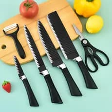 Kit de 6 Facas Cozinha Aço Carbono Cutelo Faca Chef Churrasco Legume Fruta Descascador Tesoura Profissional Antiaderente