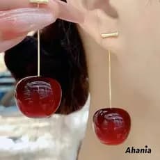 Ahania Brincos de Cereja Vermelho Pingente de Frutas Brinco Longo Cereja com Pino Dourado Fofa Bijuteria Femenina
