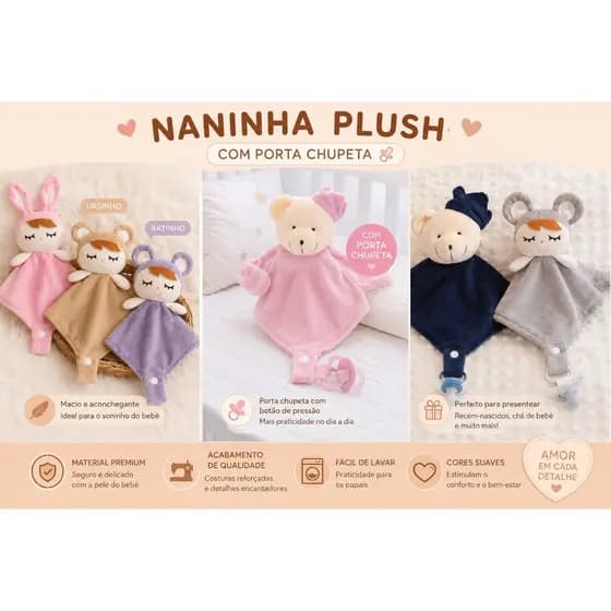 Naninha Plush com Porta Chupeta Antialérgico Vários Modelos Bonequinha
