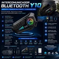 Intercomunicador Capacete Moto Bluetooth Y10 RGB Hi-Fi GPS Música Chamadas IP67 Sem Fio
