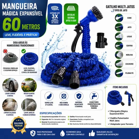 Mangueira Flexível Expansível 60m Alta Pressão com Esguicho