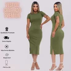 Vestido Feminino Mídi Canelado Manga Curta com Fenda Lateral Básico Casual e Elegante