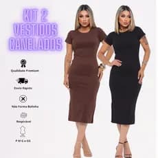 kit 2 Vestidos Femininos Mídi Canelado Manga Curta com Fenda Lateral Básico Casual e Elegante