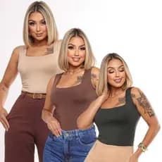 Kit 3 Blusa Regata Decote Quadrado Básica Feminina Suplex Forro duplo Moda Blusinha Elegante