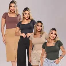 Kit 4 Blusas Femininas Suplex Decote Quadrado Manga Curta Forro Duplo Baby Tee Basica Blusinhas