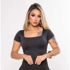 Blusa Feminina Suplex Decote Quadrado Manga Curta Forro Duplo Baby Tee Basica Blusinha Elegante