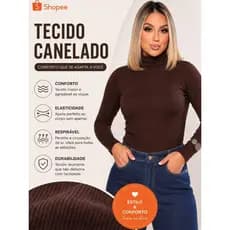 Blusa Feminina Ribana Canelada Manga Longa Gola Alta Cacharrel Blusa de Frio Inverno Elegante