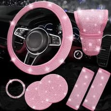 Conjunto de 7 peças de volantes de carro com diamantes | Capa de Cinto de Segurança com Strass Brilhante | Porta-copos p