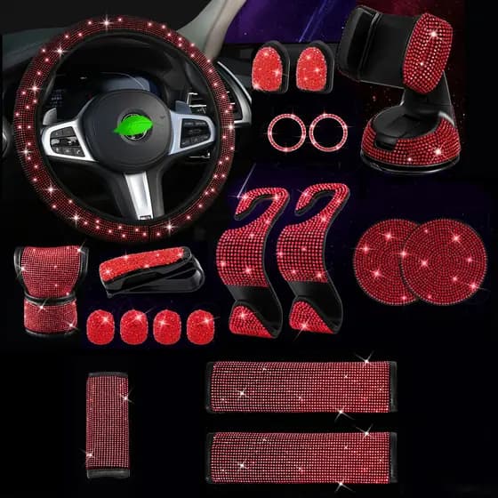 Capa de volante de carro com aplicações de diamantes | Suporte para celular de carro | Capa do espelho retrovisor | Capa