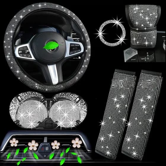 Conjunto de 11 peças de capas para volante de carro com diamantes | Capa interna da alavanca de câmbio com detalhes em d