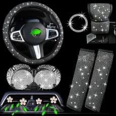 Conjunto de 11 peças de capas para volante de carro com diamantes | Capa interna da alavanca de câmbio com detalhes em d