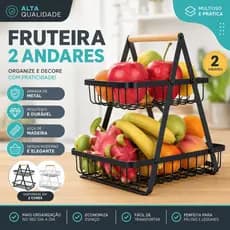 Fruteira de Mesa Preta 2 Andares em Metal com Alça de Madeira Cesto Organizador Multiuso Moderna -CH