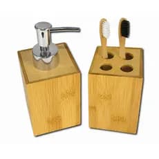 Kit Jogo Banheiro Lavabo Saboneteira  Líquida E Porta Escova Bambu Luxo Tuut