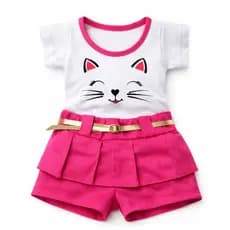 Conjunto Bebê Menina Gatinha Shorts Saia Algodão Confortável Roupa Infantil 0 a 7 Meses Lindo Fofo!!