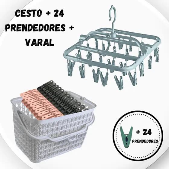 Kit para Lavanderia PREMIUM Cesto Multiuso + 24 Prendedores + Varal Roupas Íntimas com 26 Grampos