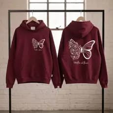 Casaco Moletom Feminino Borboleta com Capuz e Bolso Canguru Blusa de Frio Flanelada Unissex Estilo Urbano Retro Inverno