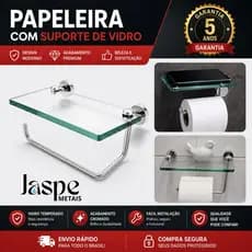 Papeleira Vidro Incolor Porta Papel Higiênico com Prateleira de Vidro Incolor – Dupla Fixação, Alumínio