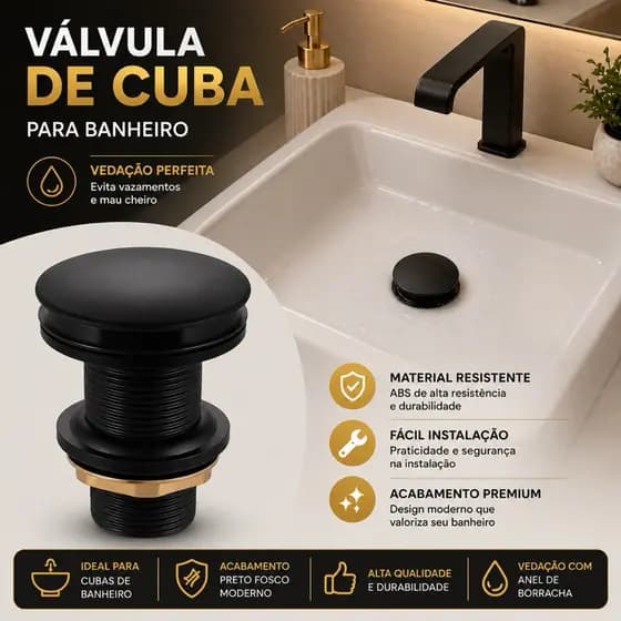 Válvula Click Preta Abs Para Banheiro Cuba e Lavanderia Anti Odor
