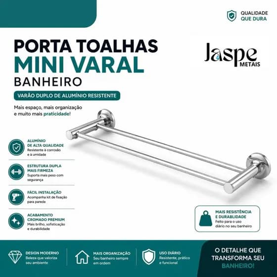 Porta Toalha Duplo 48cm Alumínio Cromado Varão Duplo Banheiro Resistente