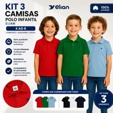Kit 3 Camisas Polo Infantil Menino Elian 100% Algodão Tam 4 ao 8 Sortidas