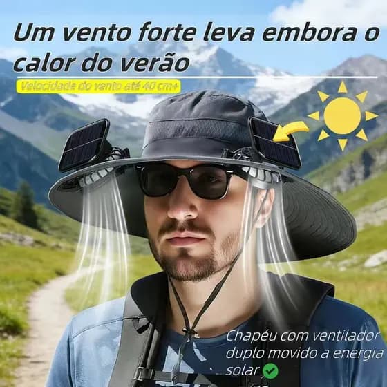 Chapéu De Sol Aba Larga Com Ventilador Solar Duplo – Proteção UV e Refresco Máximo