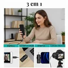 Microfone Profissional Lapela 3 em 1 Androide, Tipo-c e Audiovisual com Cancelamento de Ruído
