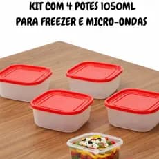 Conjunto 4 Potes Plástico Atóxico p/ Alimentos Hermético Freezer Micro-ondas Transparente 1050 ML