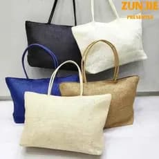 Bolsa Sacola De Praia De Palha Artesanal Com Zíper E Bolso Interno Para Personalizar Grande A001