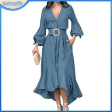 Vestido verde Vestido ocidental Moda casual manga cheia de gola em V sólido com bolso vestido longo L04L