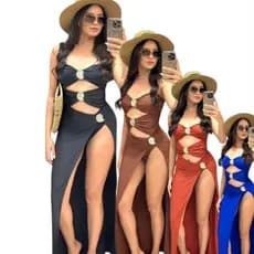 Conjunto Feminino Body/maio com saia Longa saida de praia verão com fivelas