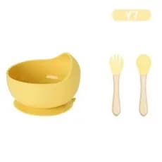 Kit Tigela Infantil de Silicone  + talheres Colher Garfo  Cabo silicone com bambu Para Bebe  Criança
