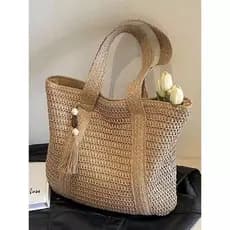 Bolsa De Palha Grande Verão De Ombro Com Chaveiro, Fechamento De Zíper