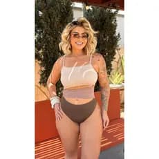 Maiô Feminino Marrom com Recortes Frontais e Bojo Removível Paula – Decote Reto Alças Reguláveis Moda Praia Body