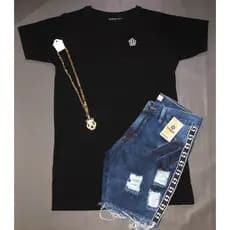 Conjunto Titular Jeans (camisa estilo jogador + short jeans + cordão)