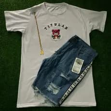 Conjunto Titular Jeans (camisa estilo jogador + short jeans + cordão)
