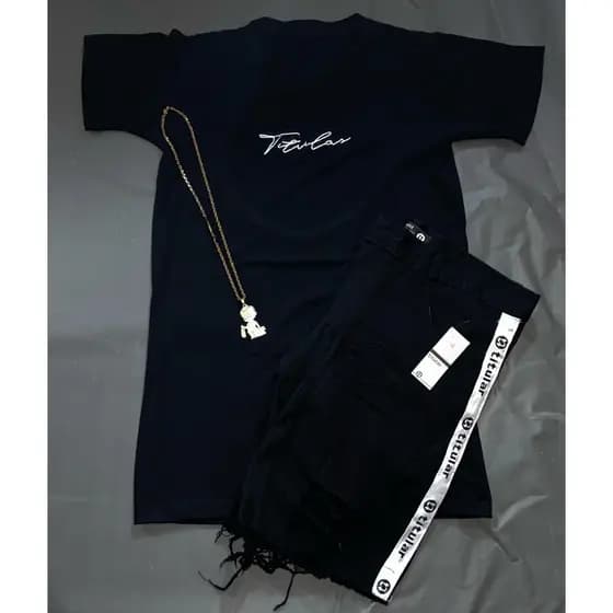Conjunto Titular Jeans (camisa estilo jogador + short jeans + cordão)