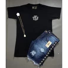 Conjunto Titular Jeans (camisa estilo jogador + short jeans + cordão)