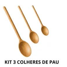 Kit 3 Colheres de Pau Madeira Natural 26cm 30cm 38cm Utensílios de Cozinha Ideal para Mexer