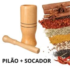Pilão de madeira e Socador amassador grande temperos pau Torneado Temperos Alhos multiuso
