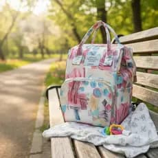 Mochila Maternidade Bolsa Estampada Living Traveling Share Flores Paris Rosa Quadriculado Mamadeira Térmica