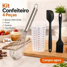 Kit 4 Peças  Espátula Silicone, Fouet inox, Pincel, Copo Medidor 500ml | Culinária | Bolos e Doces